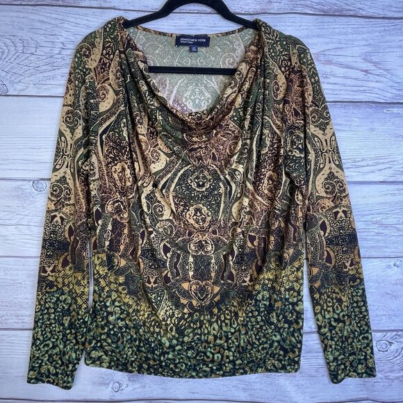 Jones New York Blouse Size L Cowl Neck Draped Front Demask Print Goblincore - Picture 1 of 13